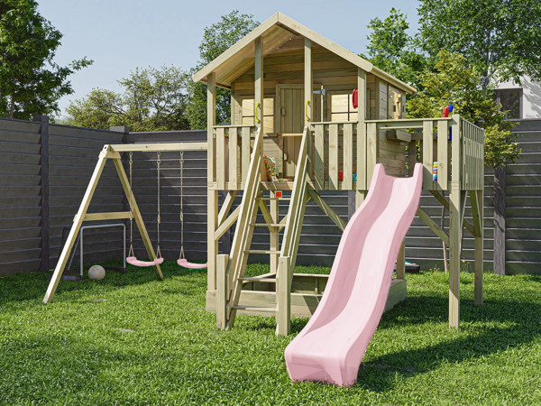 Cabane sur pilotis Big House XL en bois autoclave avec portique double et toboggan rose-pastel