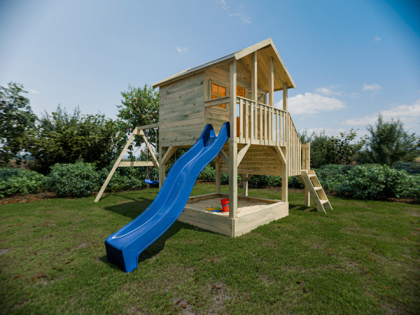 Maisonnette sur pilotis Big House L avec bac à sable (KDI), balançoire double et toboggan (bleu)