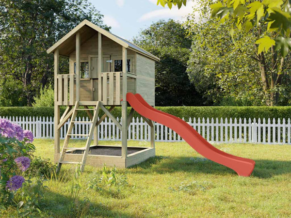 Cabane de jardin sur pilotis Big House avec bac à sable KDI y compris toboggan rouge