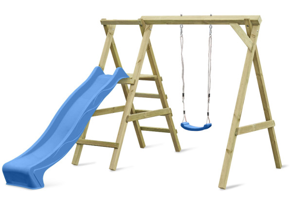 Portique simple avec plateforme Cosy Single avec toboggan + balançoire bleue