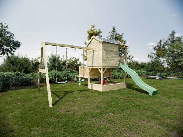Maisonnette sur pilotis Amsterdam KDI avec balançoire double et toboggan, vert pastel