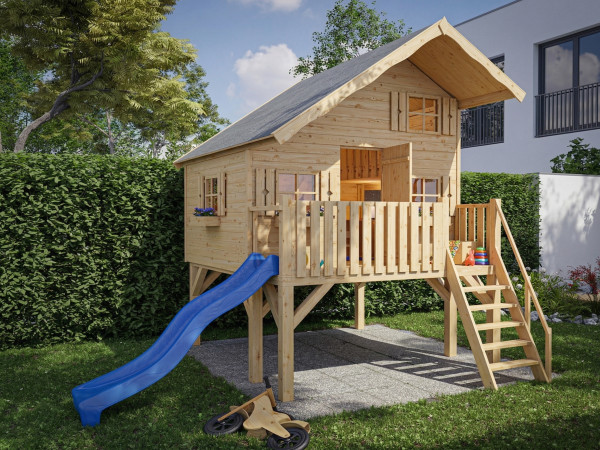 Cabane de jardin sur pilotis Tom XL 15 mm naturel incl. véranda, Échasses et toboggan bleu