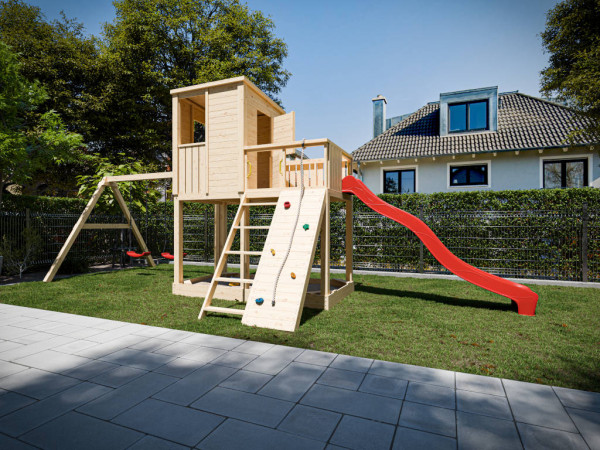 Cabane sur pilotis Carl en bois brut avec portique double et toboggan rouge