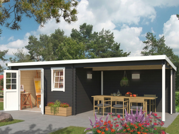 Abri de jardin en rondins Aida 800 28 mm gris carbone avec extension de 3,8 m