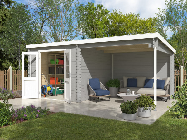 Abri de jardin en bois massif Orlando excusif 28 mm gris clair avec auvent de 3m