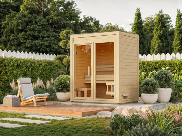 Sauna de jardin View naturel avec terrasse et porte en verre transparent