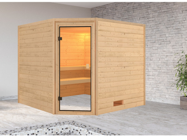 Karibu Sauna en bois massif 38mm Lina SPARSET incl. poêle de sauna Glow 6,8 kW et commande int.