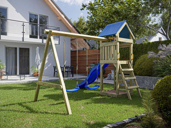 Aire de jeu Easy en bois autoclave avec portique double, toboggan bleu et sièges bleus