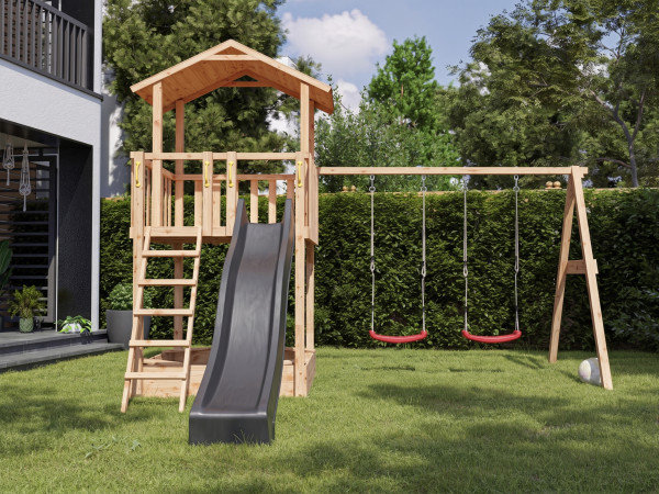 Tour de jeux Tilly Premium avec double balançoire en mélèze avec toboggan gris + sièges rouge