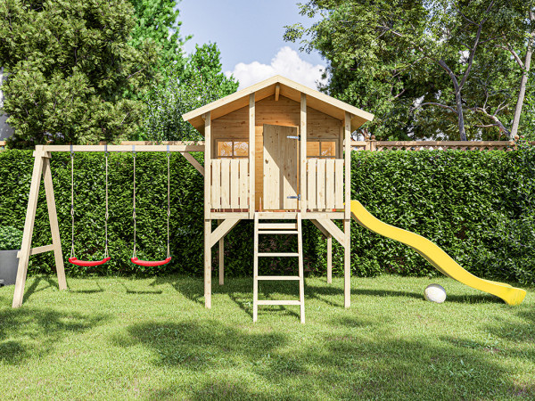 Cabane sur pilotis en bois autoclave Toby avec portique double et toboggan jaune