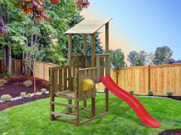 Tour de jeu Pirate traitée par autoclave KDI avec 1 toboggan rouge + accessoires