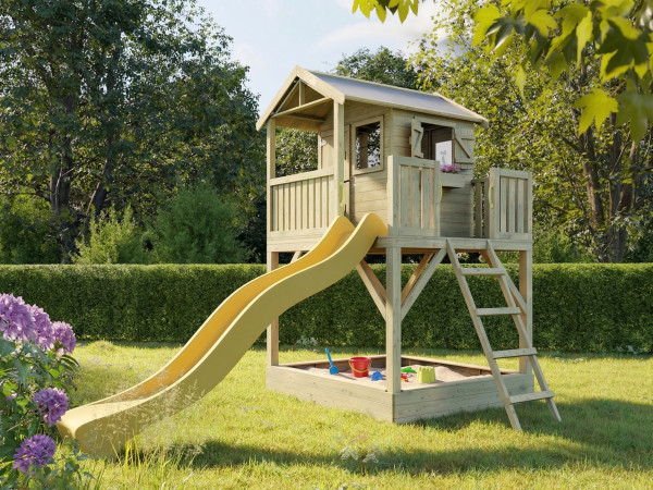 Cabane de jardin sur pilotis Funny XXL avec bac à sable incl. toboggan jaune