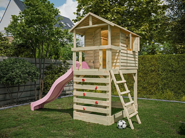 Cabane sur pilotis en bois autoclave avec toboggan rose pastel Luis
