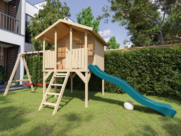 Cabane sur pilotis Toby avec portique double et toboggan turquoise