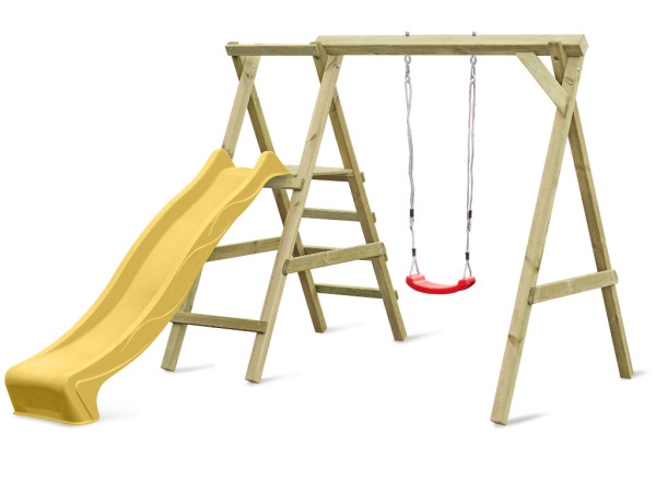 Portique simple avec plateforme Cosy Single avec toboggan + balançoire rouge