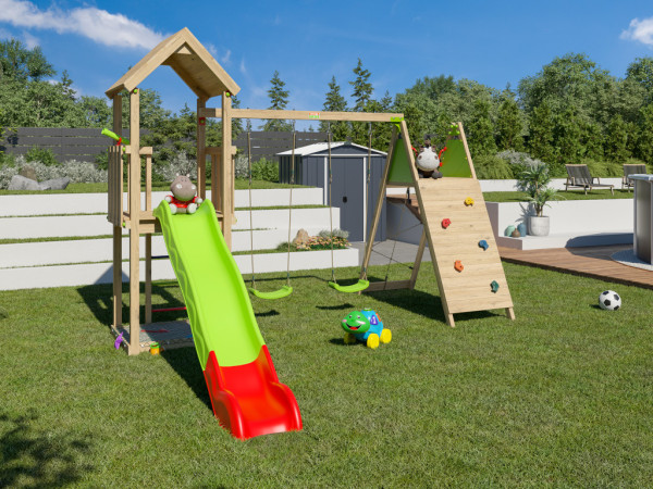 Tour de jeu Malou avec portique. 2 balançoires, plateforme d’escalade à toboggan vert-rouge