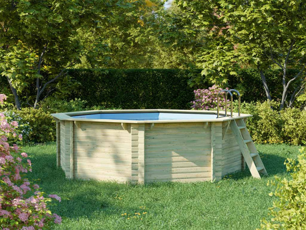 Piscine en bois modèle 1A avec bâche de couverture, sable de quartz et écumoire