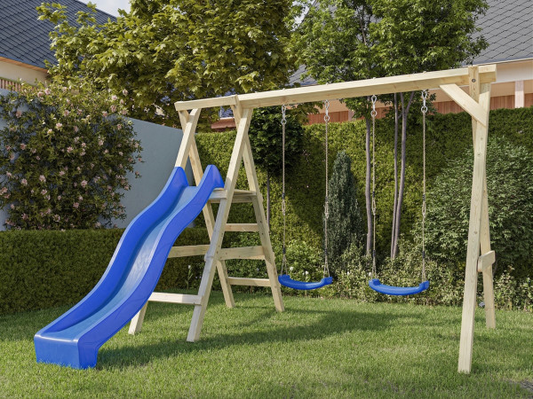 Portique double avec plateforme Cosy Double en bois autoclave avec toboggan bleu et 2 balançoires bl