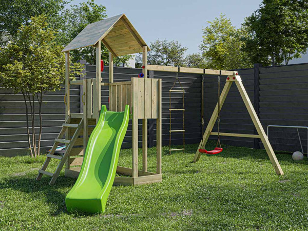 Aire de jeux en bois autoclave Big Monkey avec toboggan vert