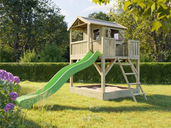 Cabane de jardin sur pilotis Funny XXL avec bac à sable KDI incl. toboggan vert