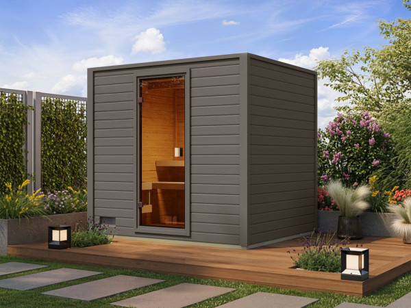 Pack avantageux Sauna extérieur KARIBU Lenchen 3 gris terra avec poêle bio 9 kW et commande externe