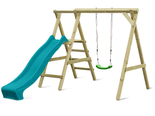 Portique simple avec plateforme Cosy Single avec toboggan turquoise + balançoire verte