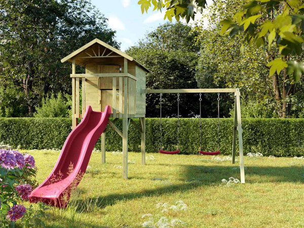 Cabane enfants sur pilotis Tree Hut KDI avec double balançoire et toboggan rose