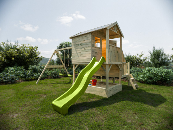 Maisonnette sur pilotis Amsterdam KDI avec balançoire double et toboggan, vert