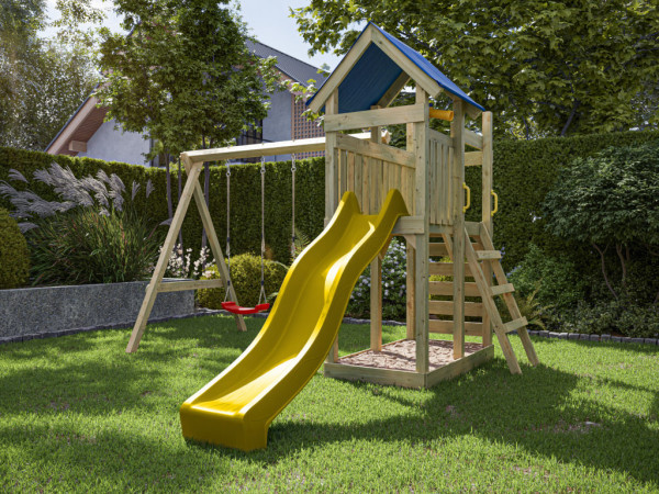 Aire de jeu Speedy en bois autoclave avec portique, 2 balançoires, toboggan jaune + sièges rouges