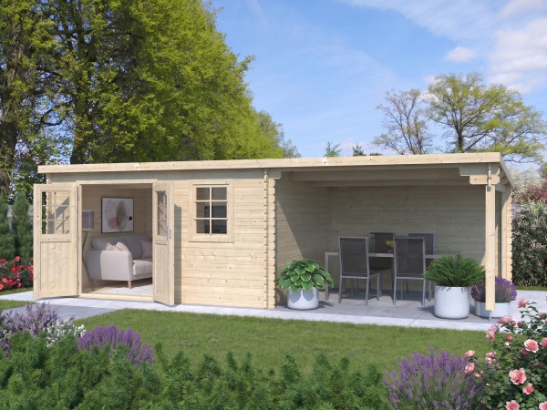 Abri de jardin en bois CA2987 28 mm naturel avec auvent de 3 m