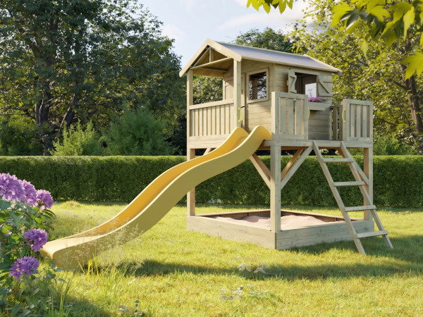 Cabane de jardin sur pilotis Funny XXL avec bac à sable incl. toboggan jaune