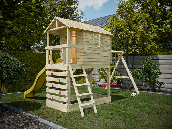 Cabane sur pilotis en bois autoclave Luis avec portique à portique double et toboggan jaune