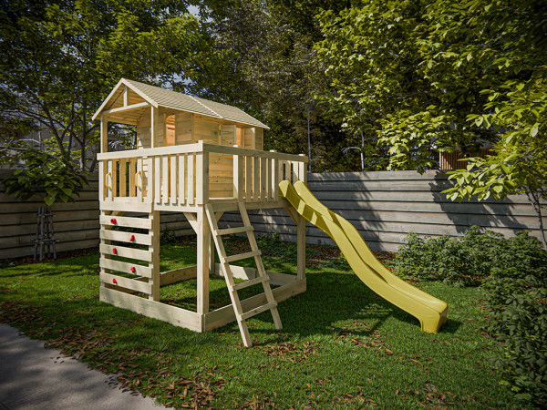 Cabane sur pilotis en bois autoclave Noah avec toboggan jaune