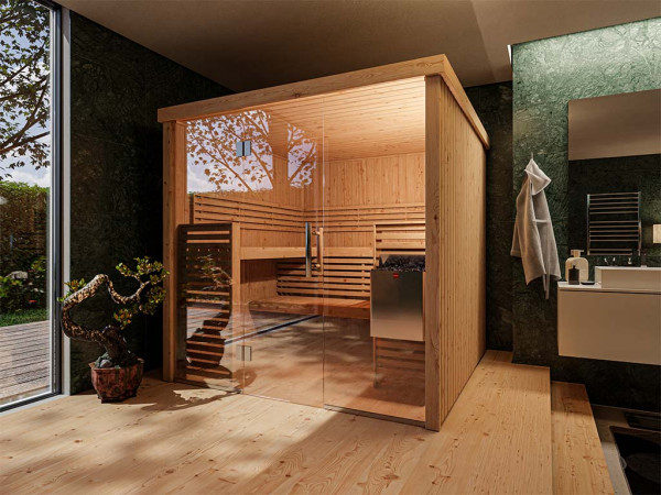 Pack avantageux Sauna modulaire Variant View Large avec poêle bio de sauna 9 kW et commande externe