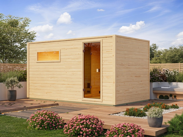 Pack avantageux Sauna extérieur KARIBU Lenchen 6 brut avec poêle bio-combiné 9 kW et commande extern