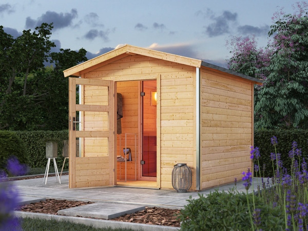 Abri de sauna Feldkirch avec vestibule de 38 mm en bois naturel avec poêle de sauna 9 KW Fin et appa