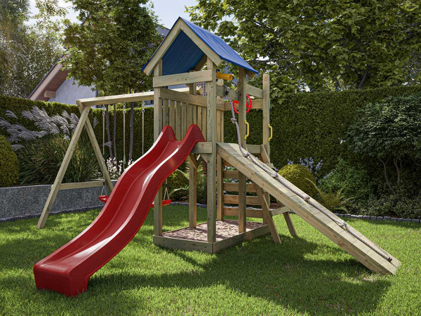 Aire de jeu Hefty en bois autoclave avec portique, 2 balançoires, toboggan rouge + sièges rouges