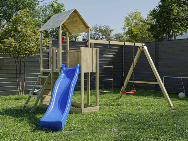Aire de jeux Big Monkey en bois autoclave avec toboggan bleu