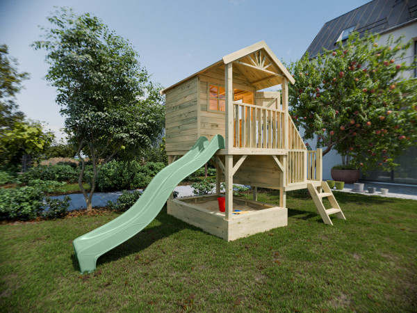 Maison sur pilotis Amsterdam KDI avec toboggan, vert pastel