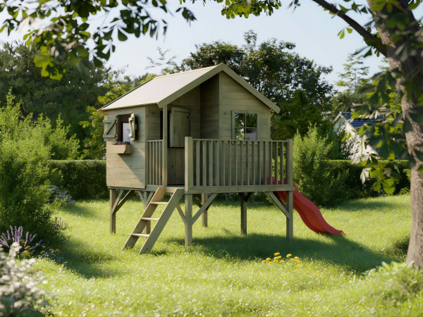 Cabane de jardin sur pilotis Bruxelles KDI incl. toboggan rouge
